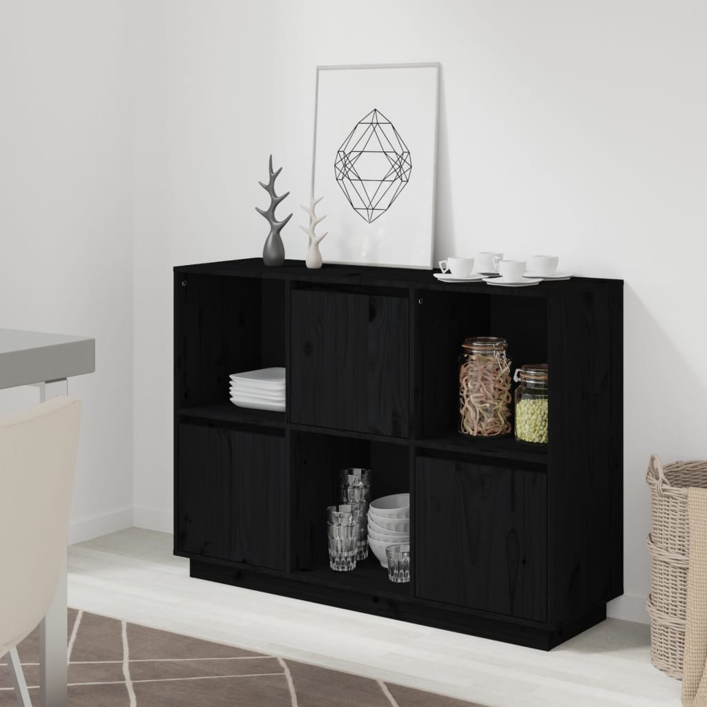 Credenza Nera 110,5x35x80 cm in Legno Massello di Pino - homemem39