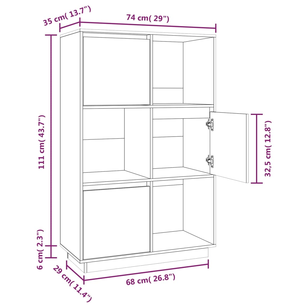 Credenza Grigia 74x35x117 cm in Legno Massello di Pino - homemem39