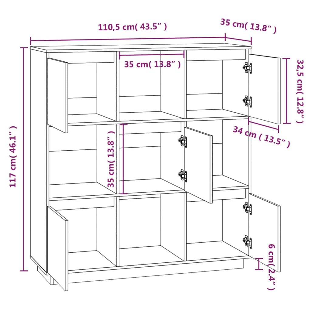 Credenza Bianca 110,5x35x117 cm in Legno Massello di Pino - homemem39