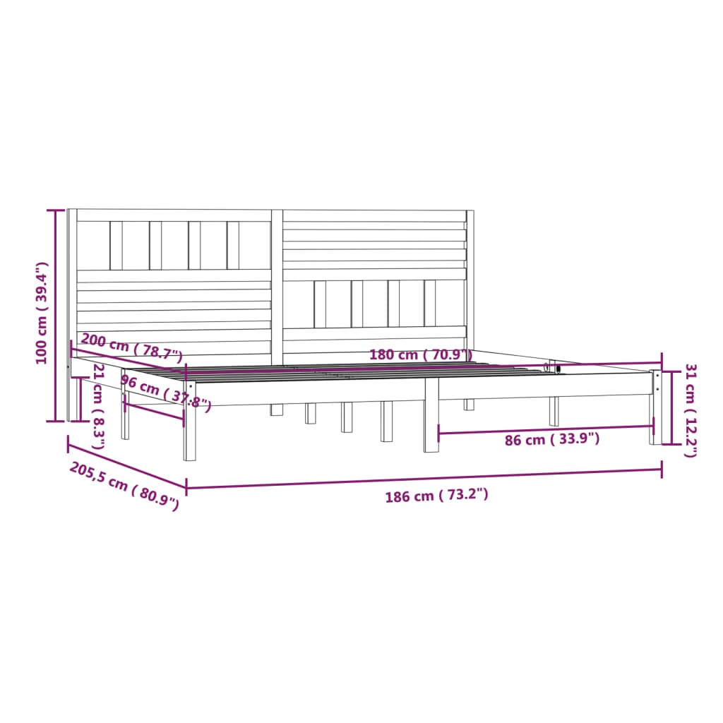 Giroletto Nero 180x200 cm Super King in Legno Massello di Pino - homemem39