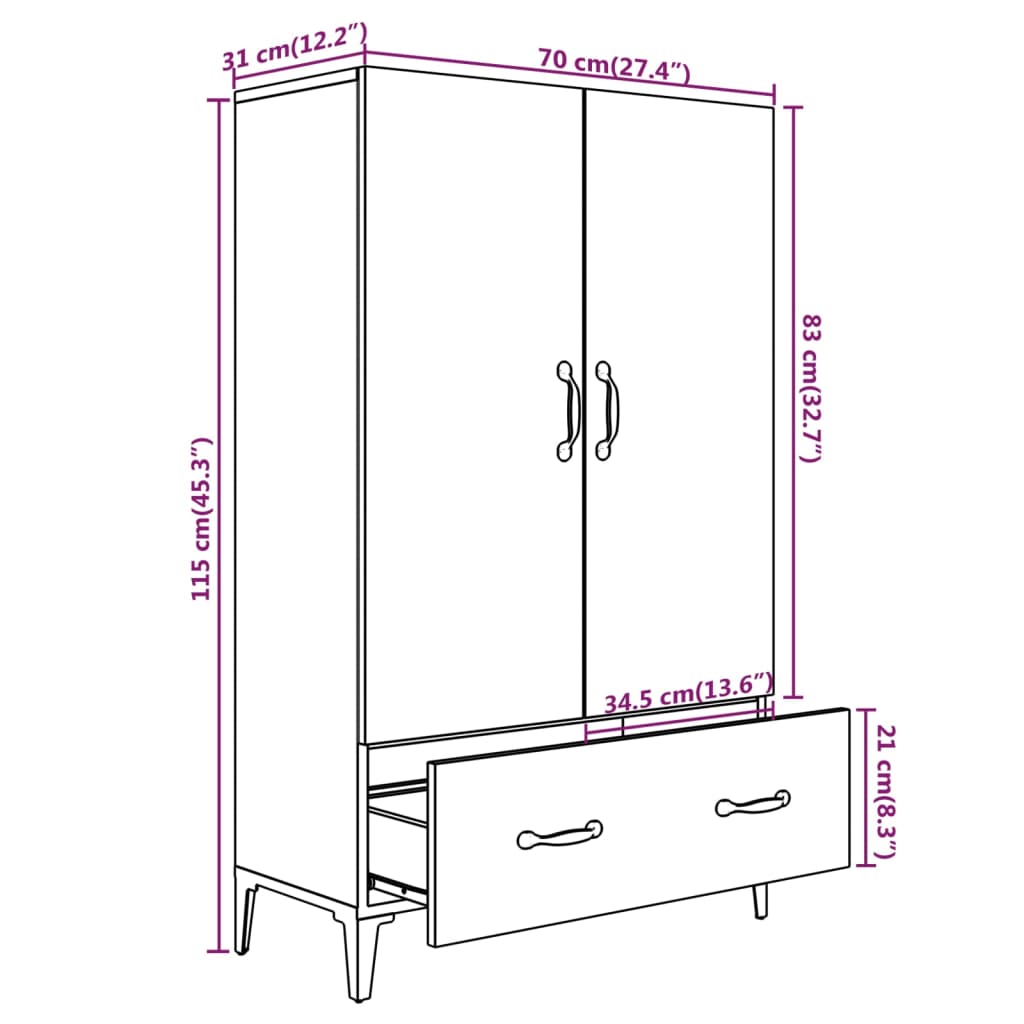 Credenza Nera 70x31x115 cm in Legno Multistrato - homemem39