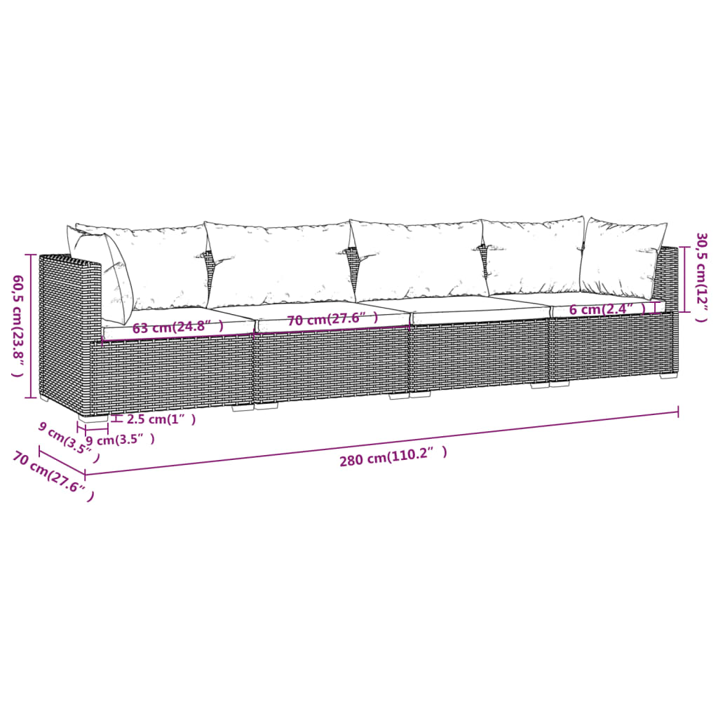 Set Divani da Giardino 4 pz con Cuscini in Polyrattan Nero - homemem39