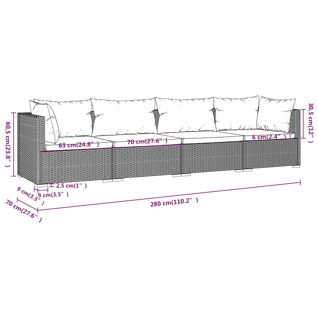 Set Divani da Giardino 4 pz con Cuscini in Polyrattan Marrone - homemem39