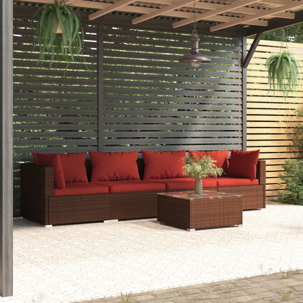 Set Divani da Giardino 5 pz con Cuscini in Poly Rattan Marrone - homemem39