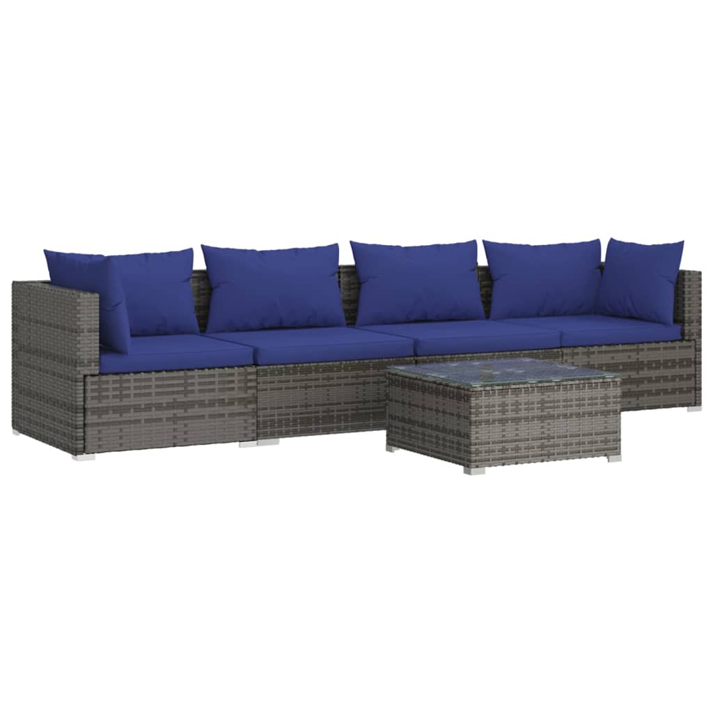 Set Divani da Giardino 5 pz con Cuscini in Polyrattan Grigio - homemem39