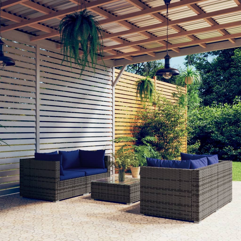 Set Divani da Giardino 5 pz con Cuscini in Polyrattan Grigio - homemem39