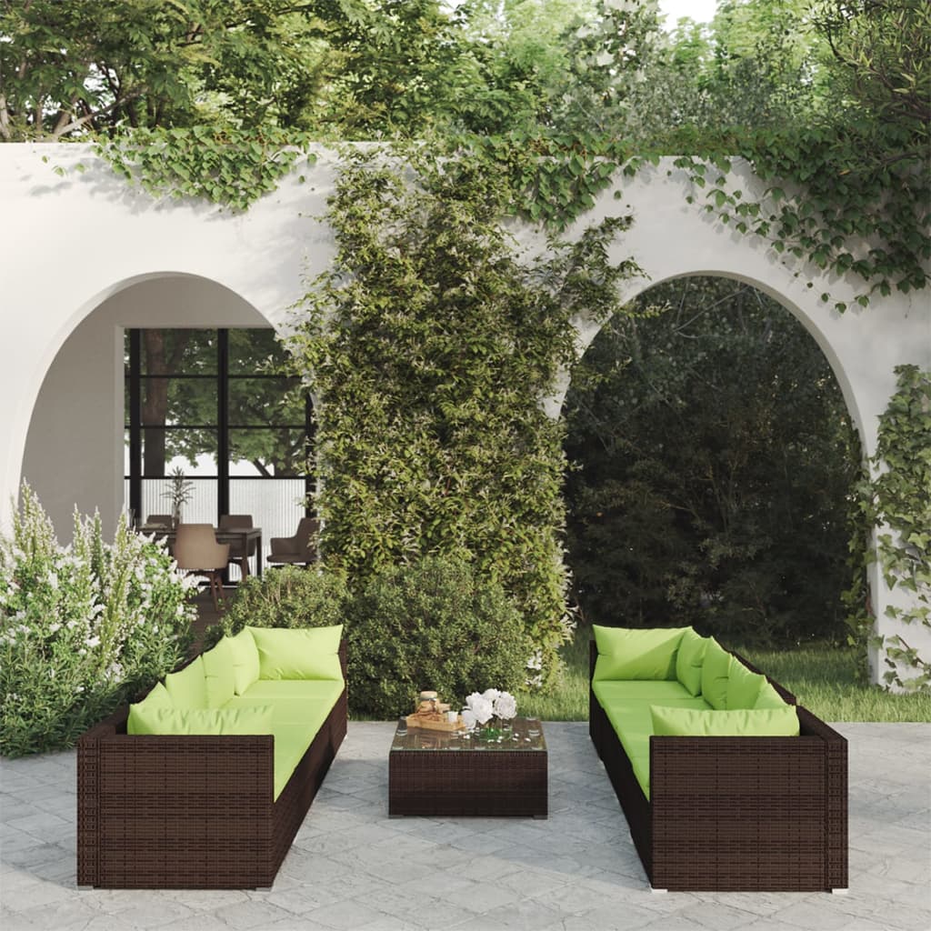 Set Divani da Giardino 9 pz con Cuscini in Polyrattan Marrone - homemem39