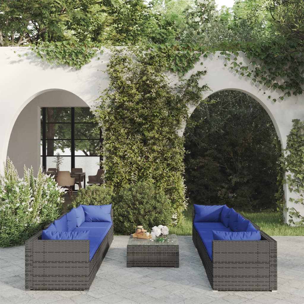 Set Divani da Giardino 9 pz con Cuscini in Polyrattan Grigio - homemem39