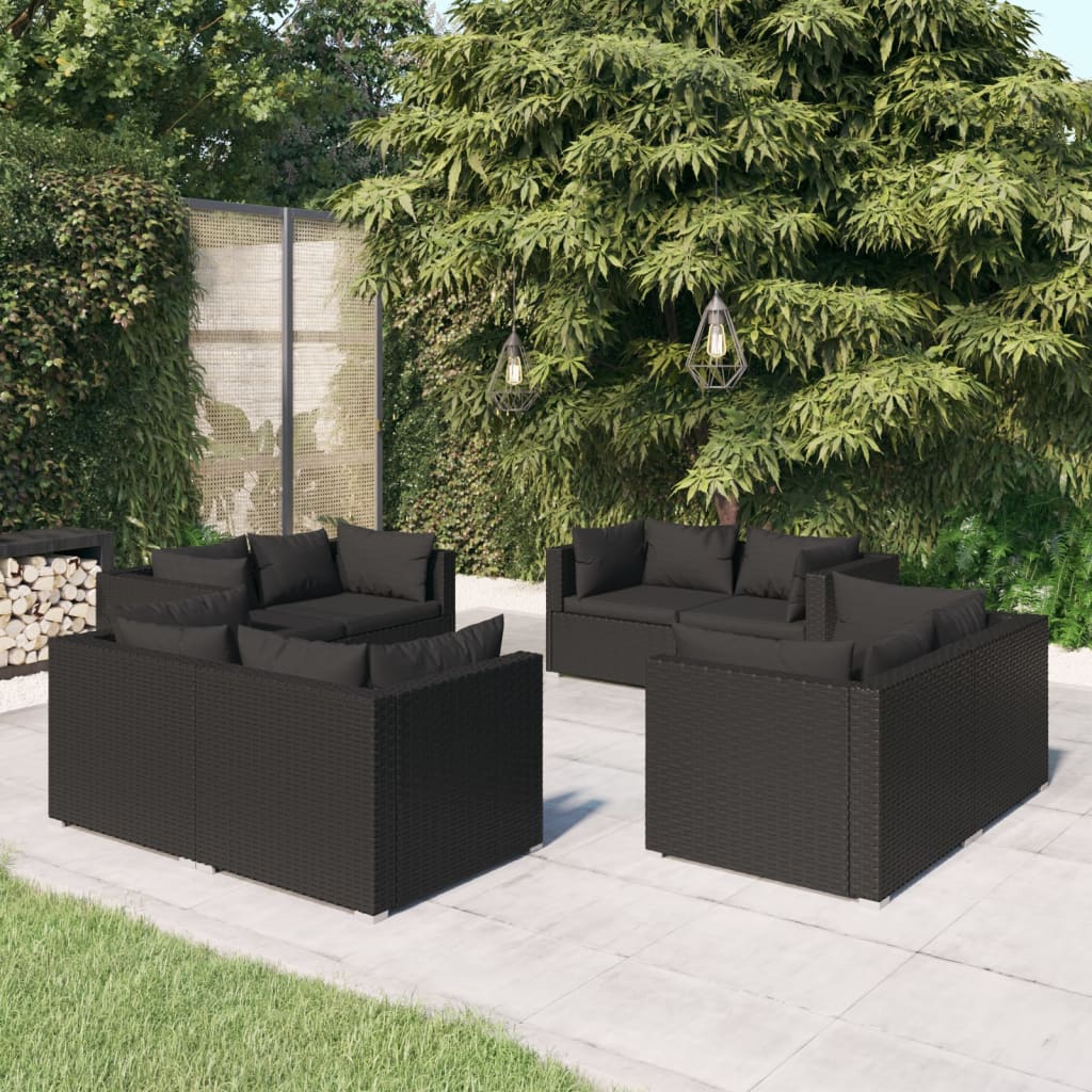 Set Divani da Giardino 8 pz con Cuscini in Polyrattan Nero - homemem39