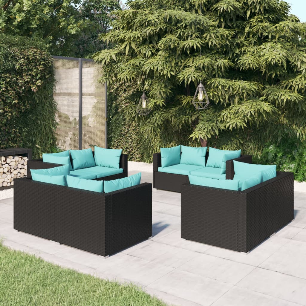 Set Salotto da Giardino 8 pz con Cuscini in Polyrattan Nero - homemem39