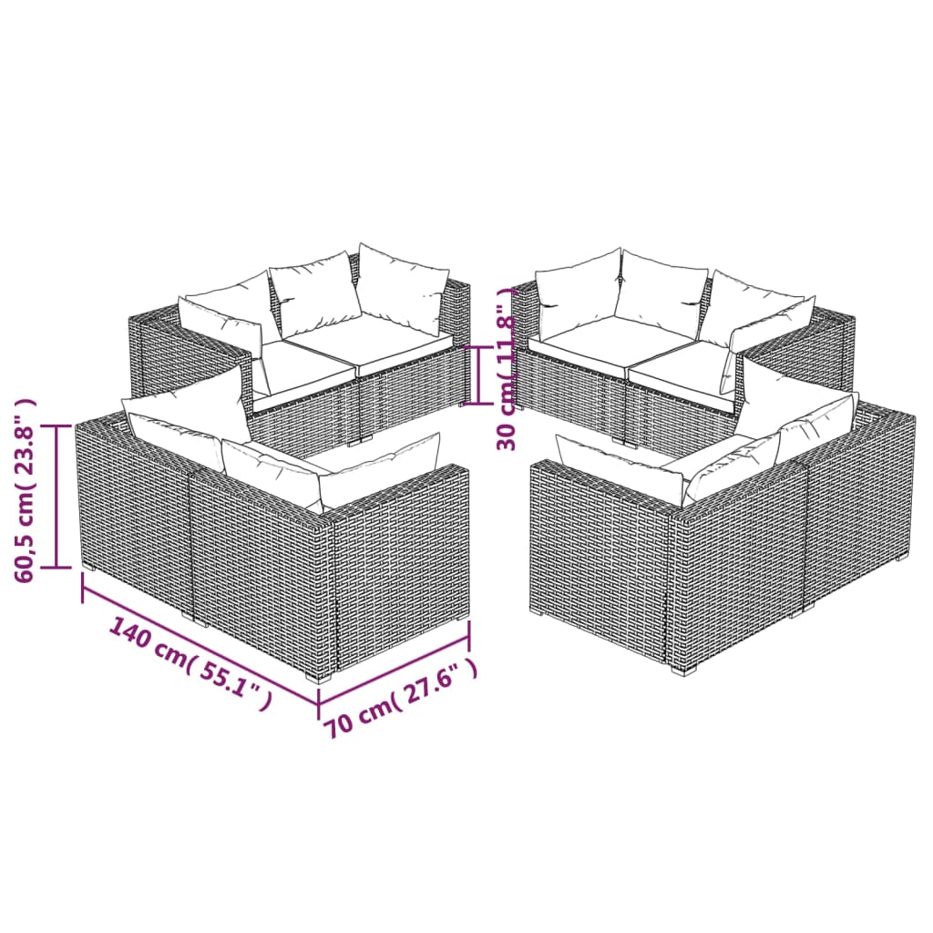 Set Divani da Giardino 8 pz con Cuscini in Polyrattan Marrone - homemem39