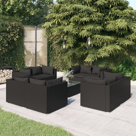 Set Divani da Giardino 9 pz con Cuscini in Polyrattan Nero - homemem39