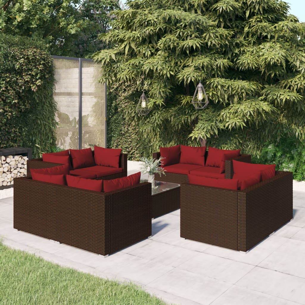 Set Divani da Giardino 9 pz con Cuscini in Polyrattan Marrone - homemem39