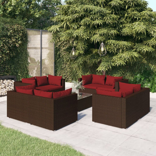 Set Divani da Giardino 9 pz con Cuscini in Polyrattan Marrone - homemem39