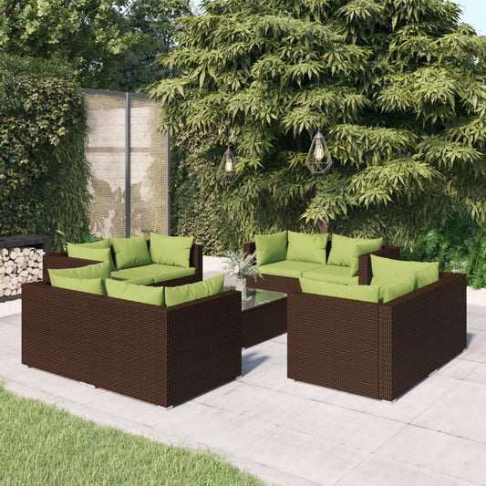 Set Divani da Giardino 9 pz con Cuscini in Polyrattan Marrone - homemem39