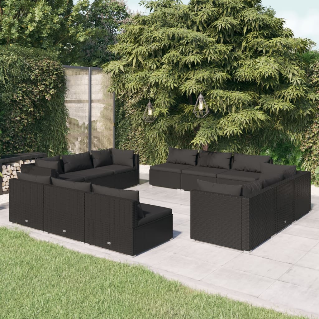 Set Divani da Giardino 12 pz con Cuscini in Polyrattan Nero - homemem39