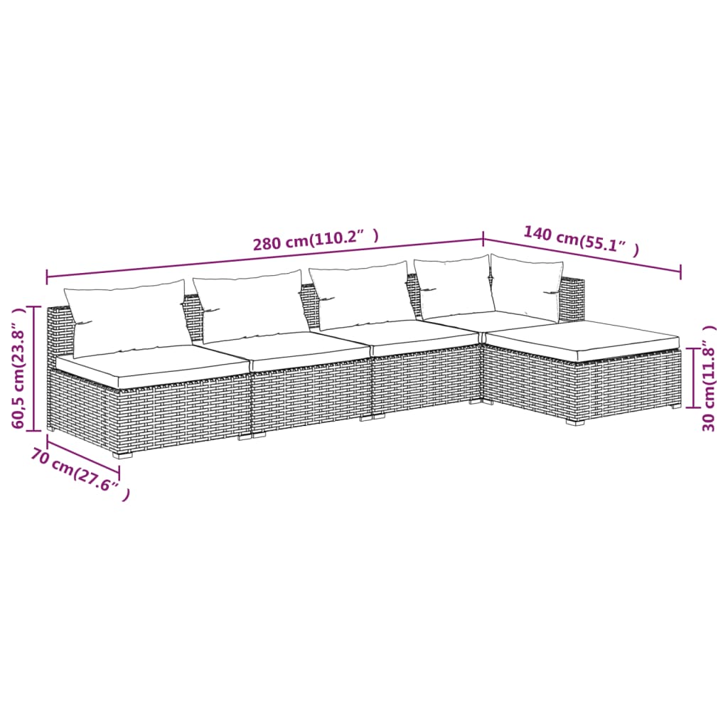 Set Divani da Giardino 5 pz con Cuscini in Polyrattan Marrone - homemem39