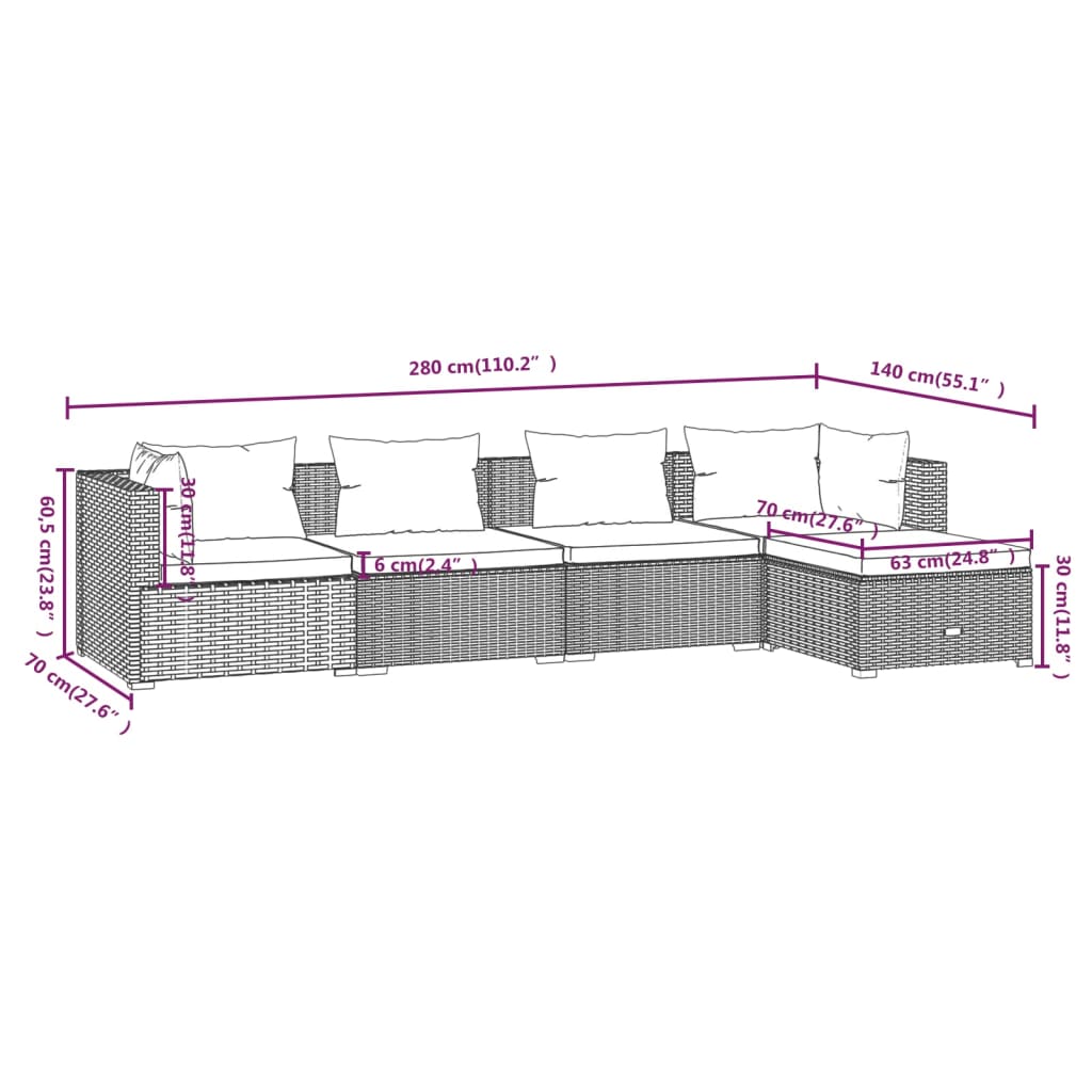 Set Salotto da Giardino 5 pz con Cuscini in Polyrattan Nero - homemem39