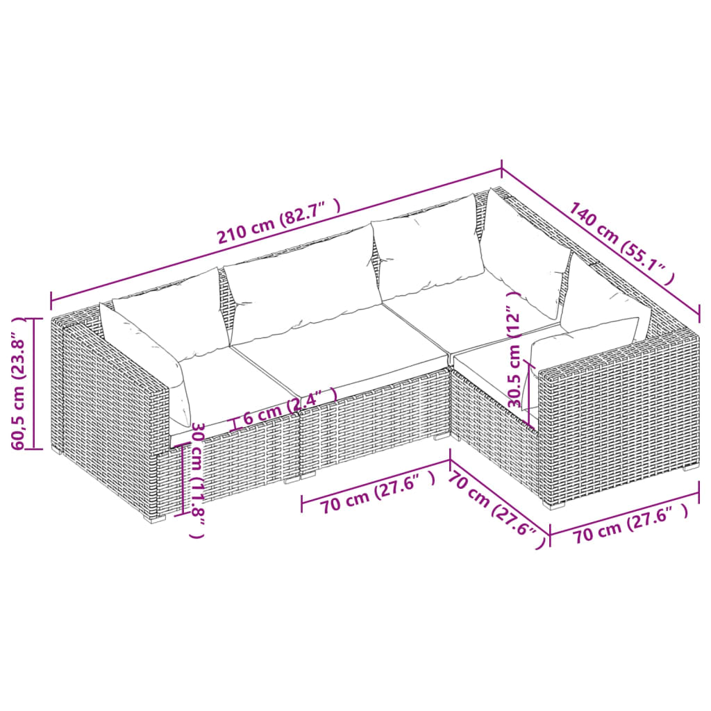 Set Divani da Giardino 4 pz con Cuscini in Polyrattan Nero - homemem39