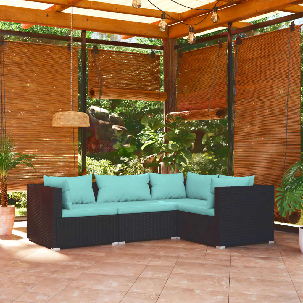 Set Divani da Giardino 4 pz con Cuscini in Polyrattan Nero - homemem39