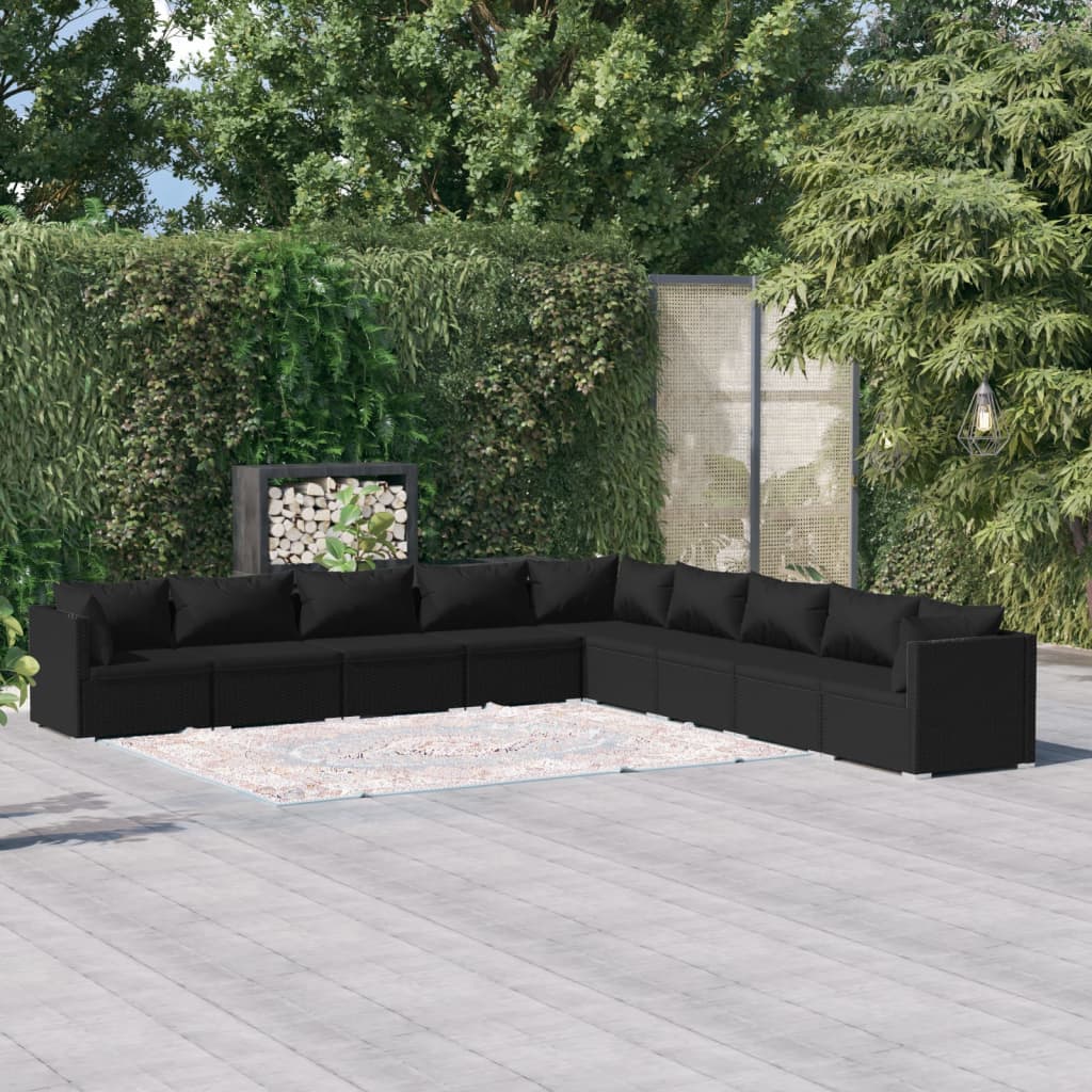 Set Divani da Giardino 9 pz con Cuscini in Polyrattan Nero - homemem39