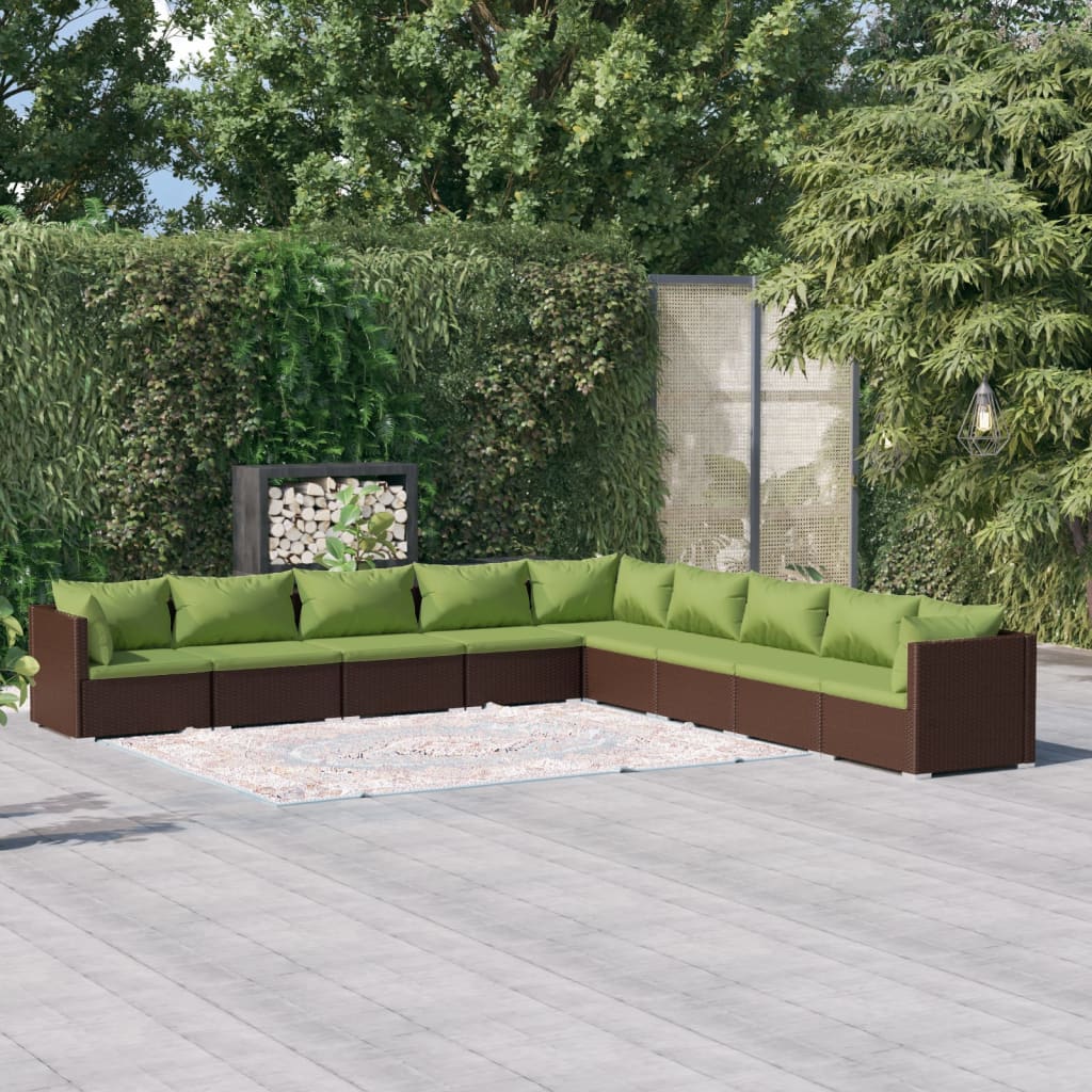 Set Divani da Giardino 9 pz con Cuscini in Polyrattan Marrone - homemem39