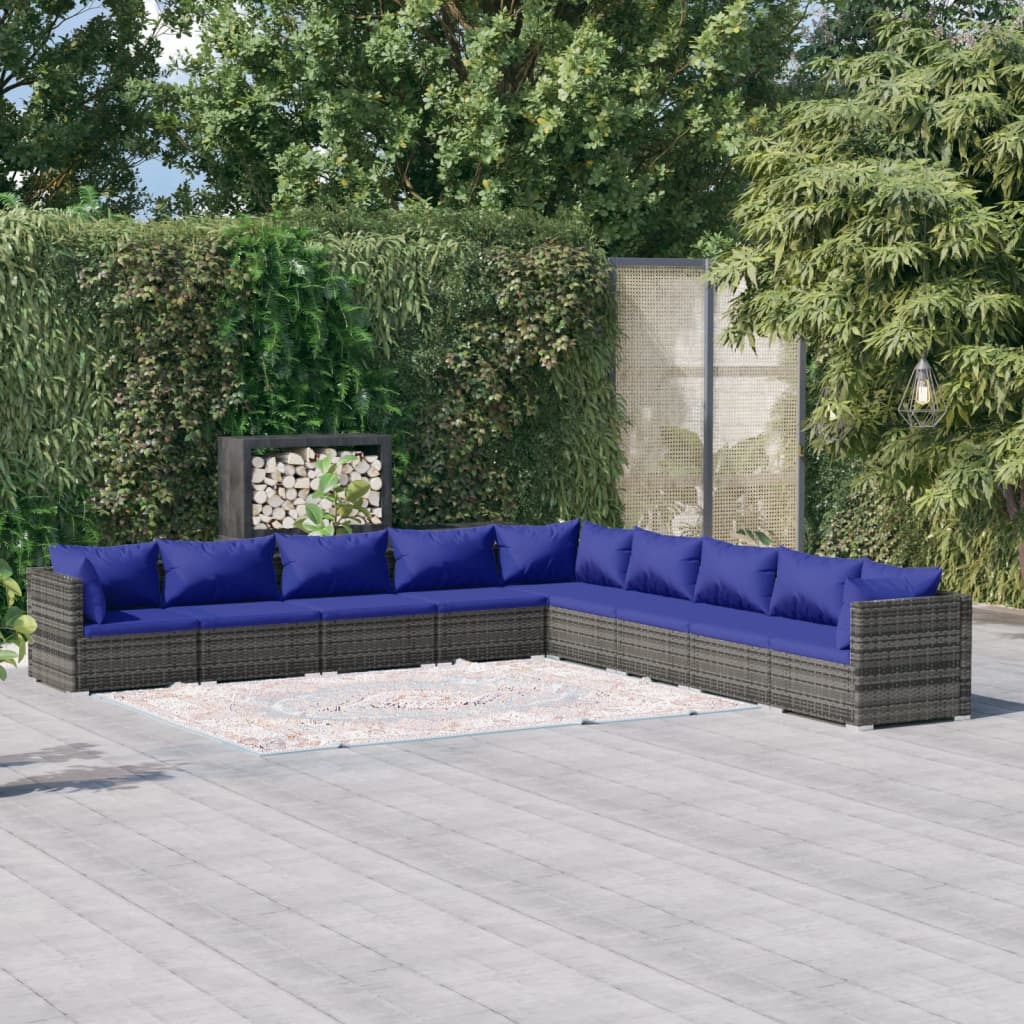 Set Divani da Giardino 9 pz con Cuscini in Polyrattan Grigio - homemem39