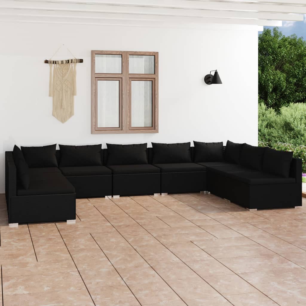 Set Divani da Giardino 9 pz con Cuscini in Polyrattan Nero - homemem39