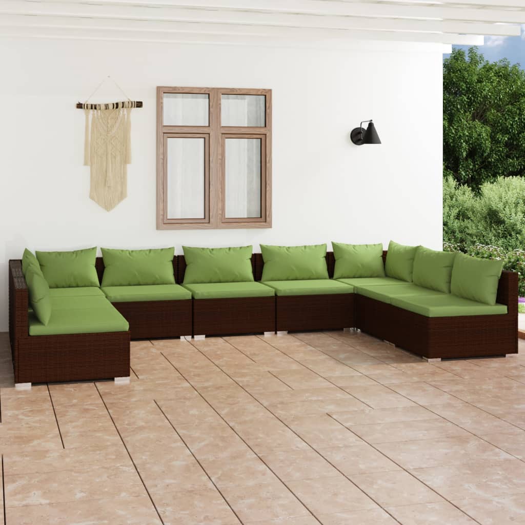 Set Divani da Giardino 9 pz con Cuscini in Polyrattan Marrone - homemem39