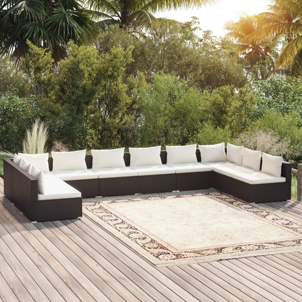 Set Divani da Giardino 10 pz con Cuscini in Polyrattan Nero - homemem39