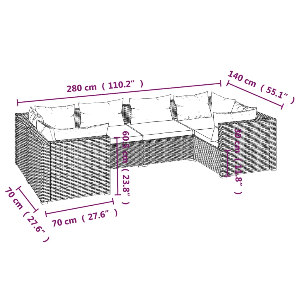 Set Divani da Giardino 6 pz con Cuscini in Polyrattan Nero - homemem39