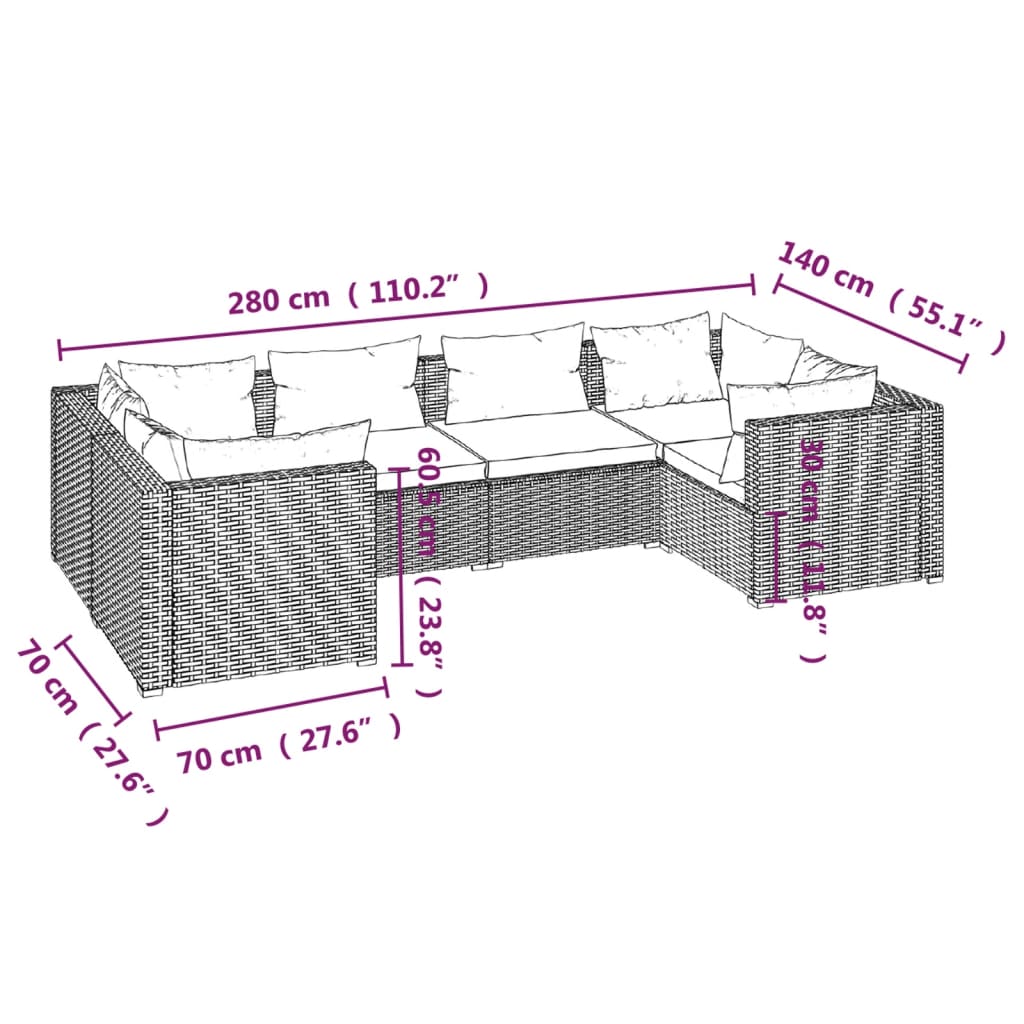 Set Divani da Giardino 6 pz con Cuscini in Polyrattan Nero - homemem39