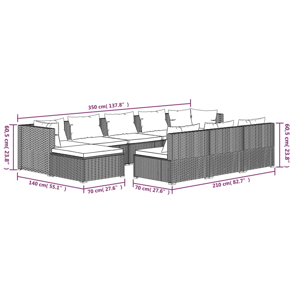 Set Divani da Giardino 10 pz con Cuscini in Polyrattan Grigio - homemem39