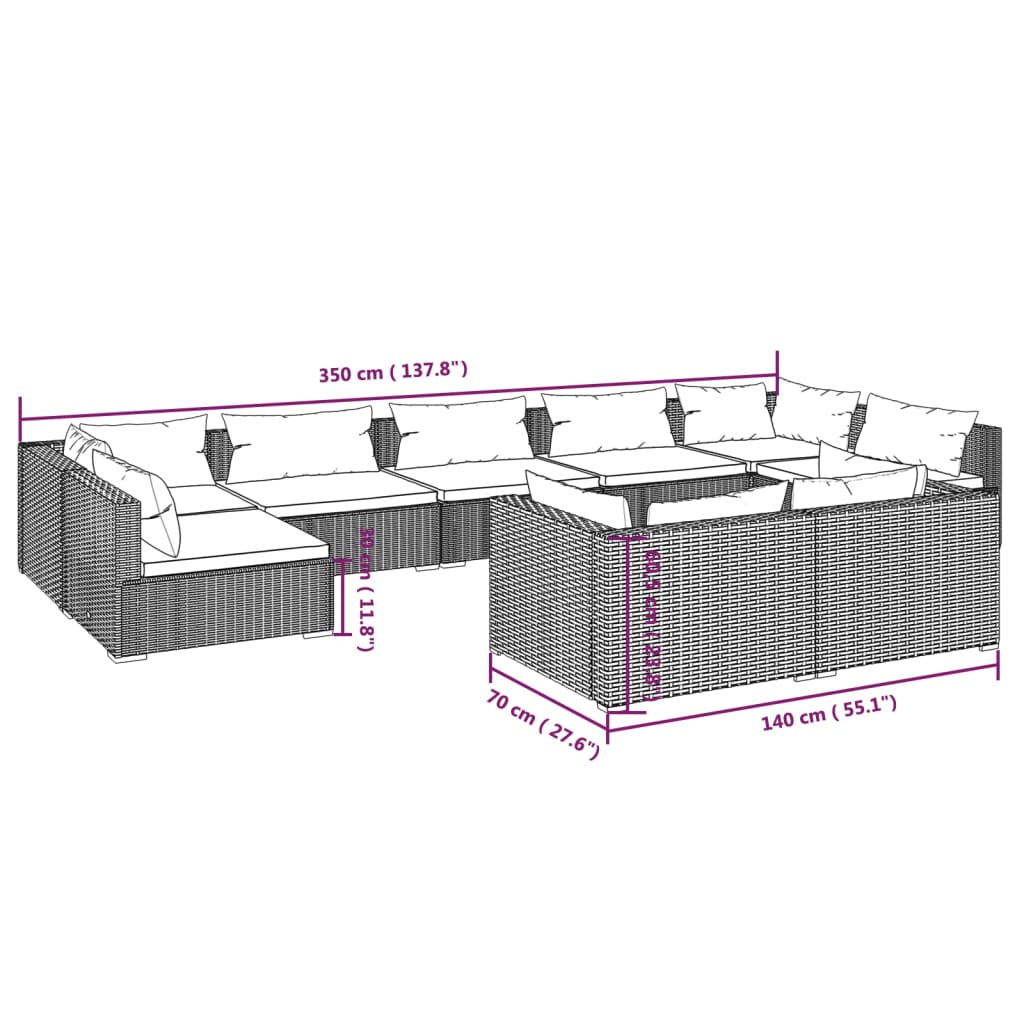 Set Divani da Giardino 9 pz con Cuscini in Polyrattan Nero - homemem39