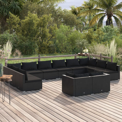 Set Divani da Giardino 12 pz con Cuscini in Polyrattan Nero - homemem39