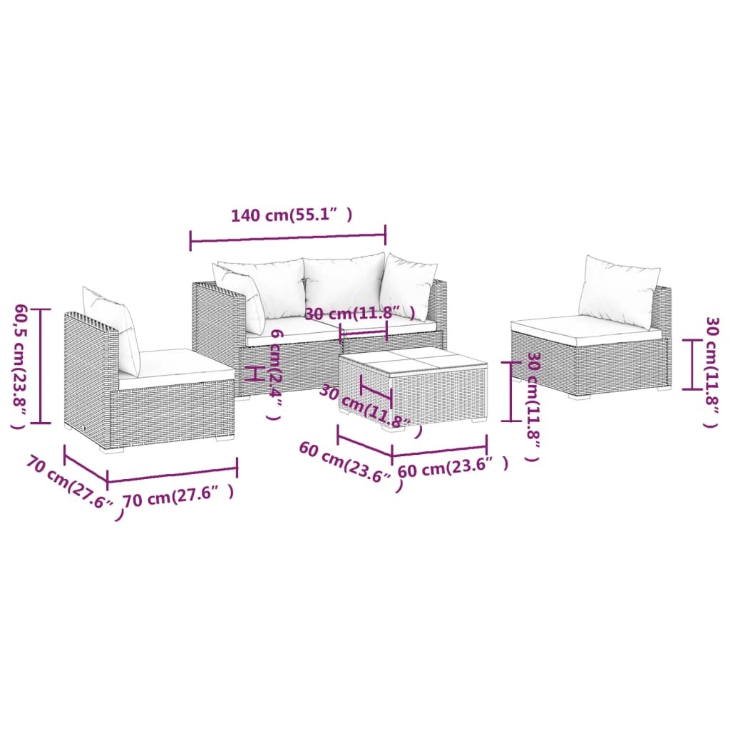 Set Divani da Giardino 5 pz con Cuscini in Polyrattan Grigio - homemem39