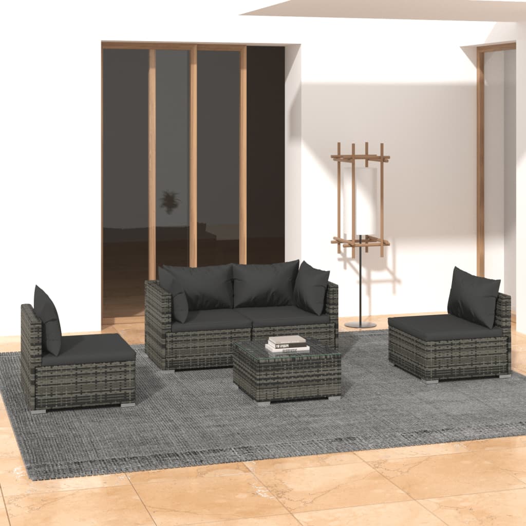 Set Divani da Giardino 5 pz con Cuscini in Polyrattan Grigio - homemem39