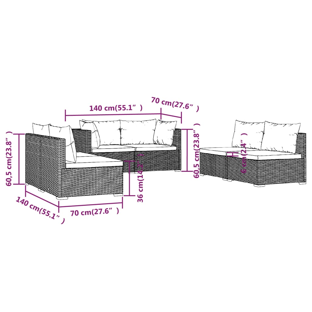 Set Divani da Giardino 6 pz con Cuscini in Polyrattan Nero - homemem39