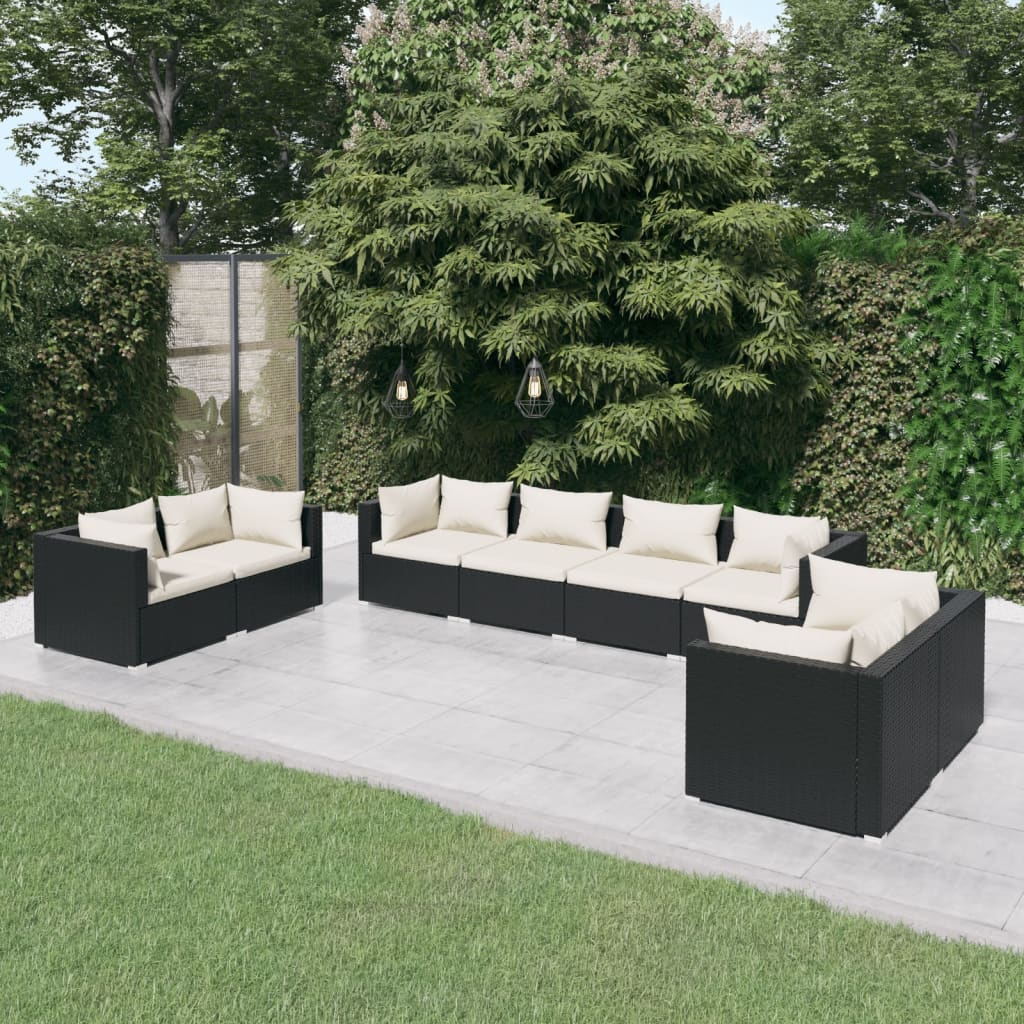 Set Divani da Giardino 8 pz con Cuscini in Polyrattan Nero - homemem39