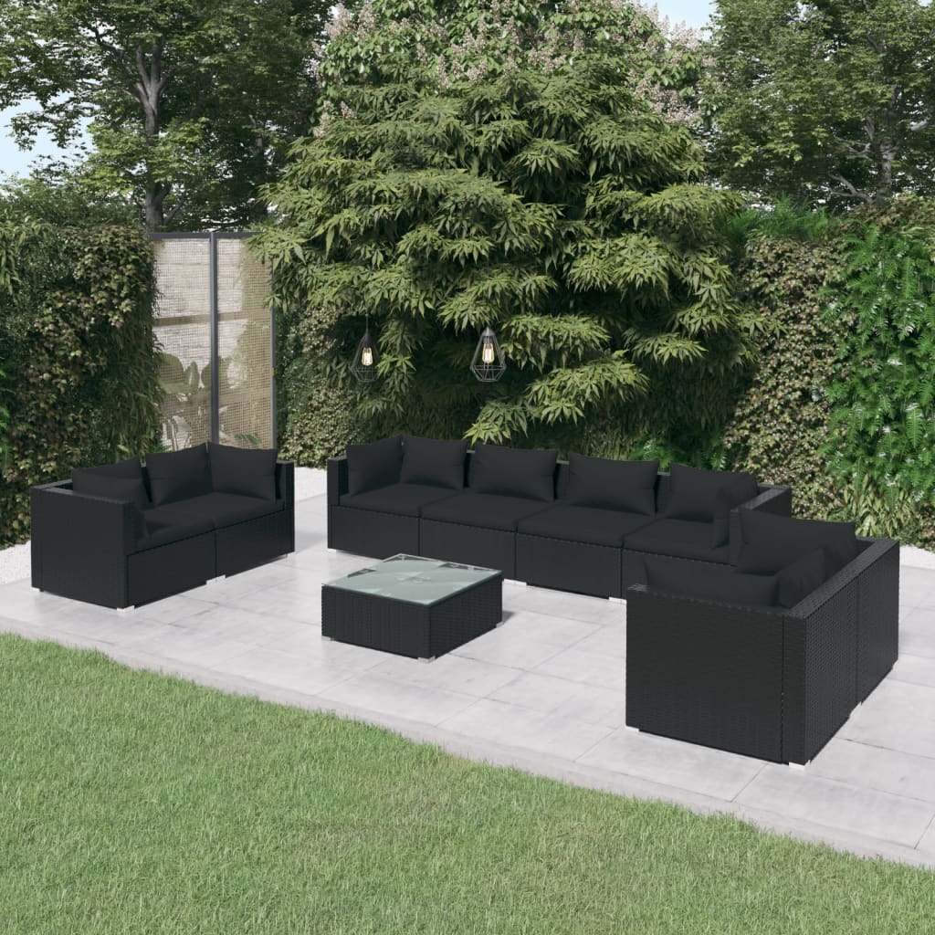 Set Divani da Giardino 9 pz con Cuscini in Polyrattan Nero - homemem39