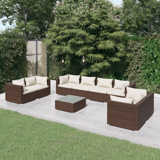 Set Divani da Giardino 9 pz con Cuscini in Polyrattan Marrone - homemem39