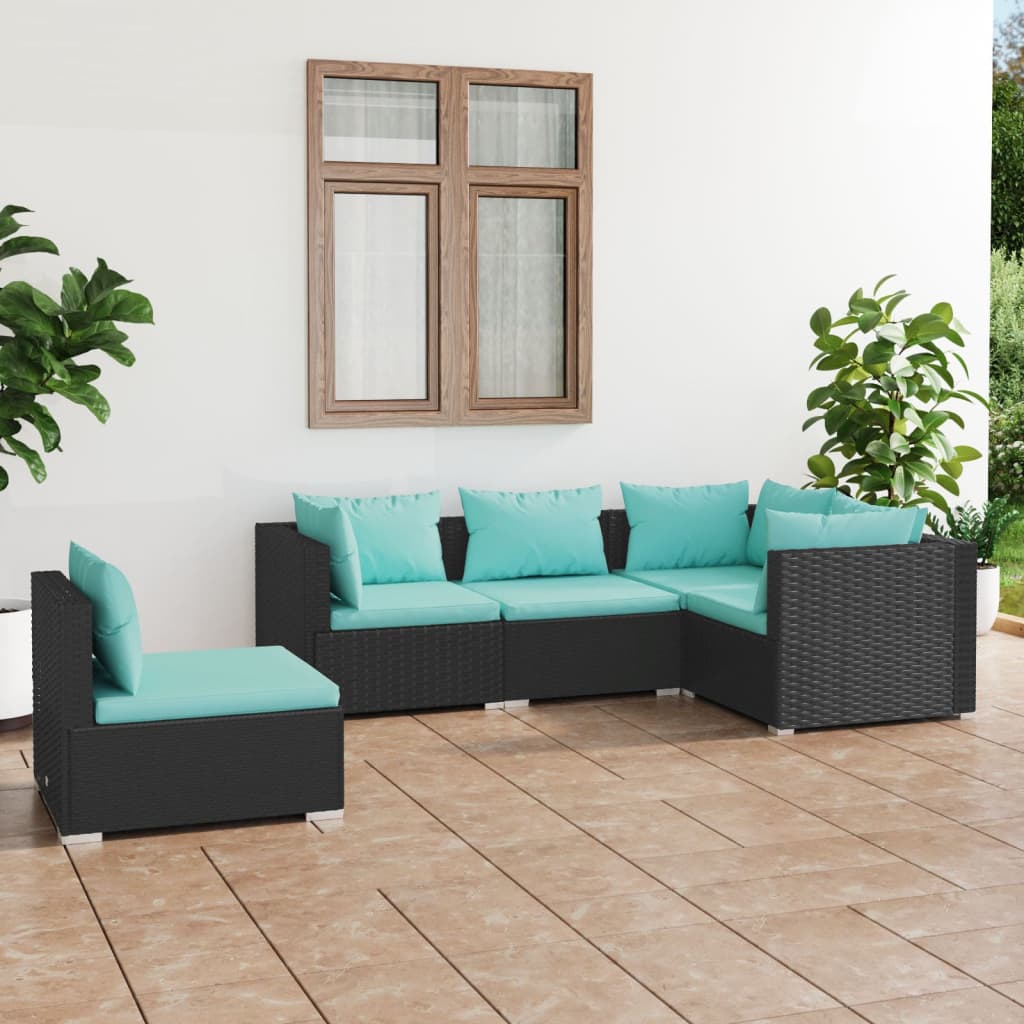 Set Divani da Giardino 5 pz con Cuscini in Polyrattan Nero - homemem39