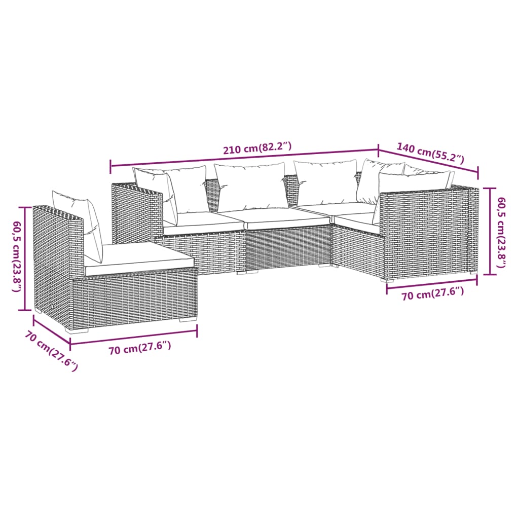 Set Divani da Giardino con Cuscini 5 pz in Polyrattan Marrone - homemem39