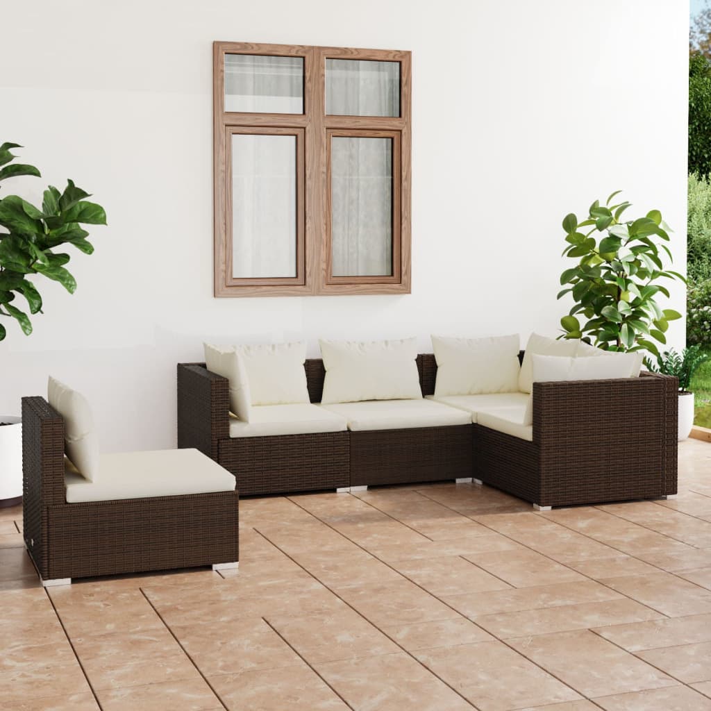 Set Divani da Giardino con Cuscini 5 pz in Polyrattan Marrone - homemem39