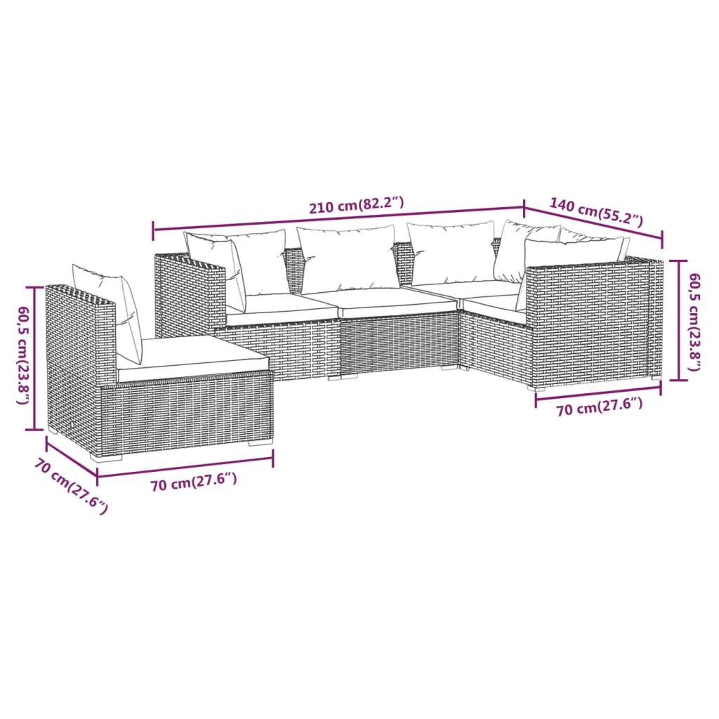 Set Divani da Giardino 5 pz con Cuscini in Polyrattan Marrone - homemem39