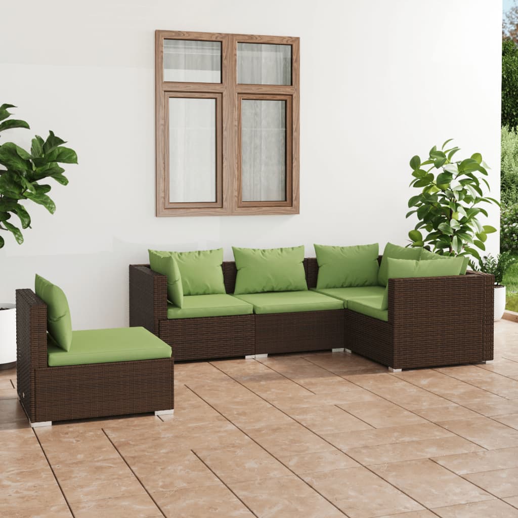 Set Divani da Giardino 5 pz con Cuscini in Polyrattan Marrone - homemem39