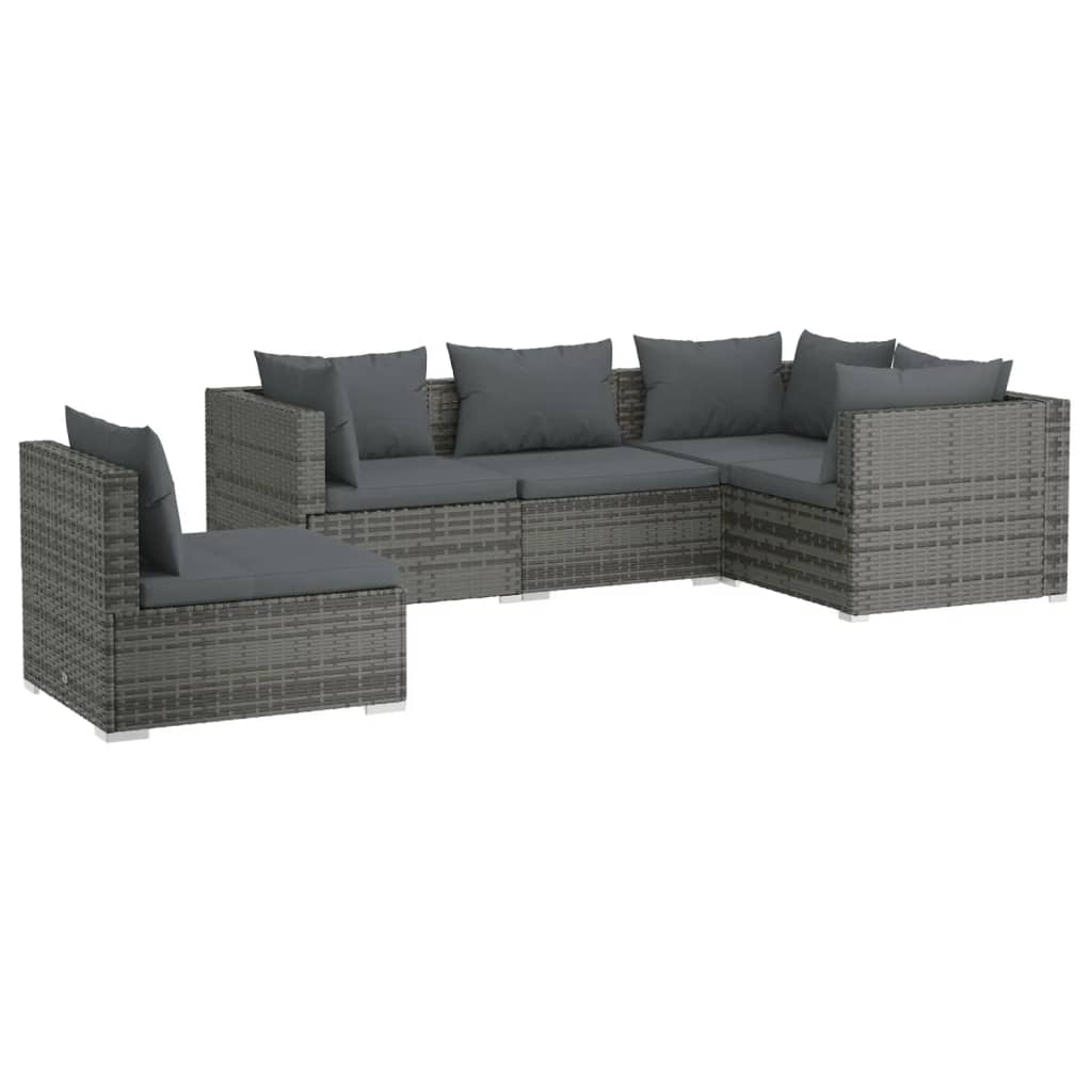 Set Divani da Giardino 5 pz con Cuscini in Polyrattan Grigio - homemem39