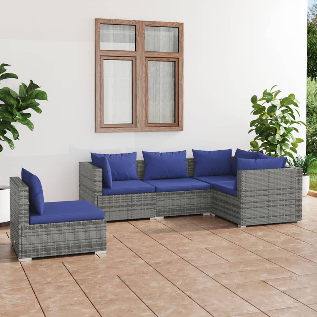 Set Divani da Giardino 5 pz con Cuscini in Polyrattan Grigio - homemem39