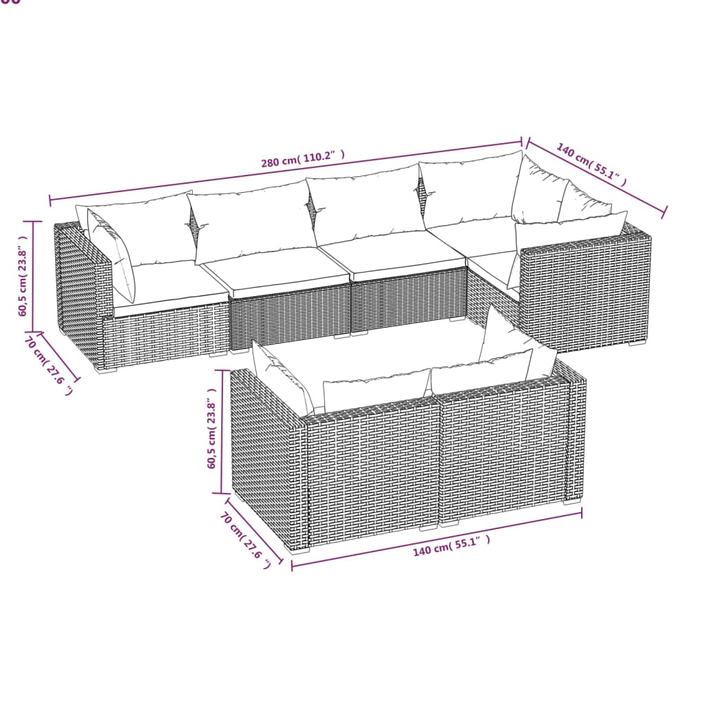 Set Divani da Giardino 7 pz con Cuscini in Polyrattan Grigio - homemem39