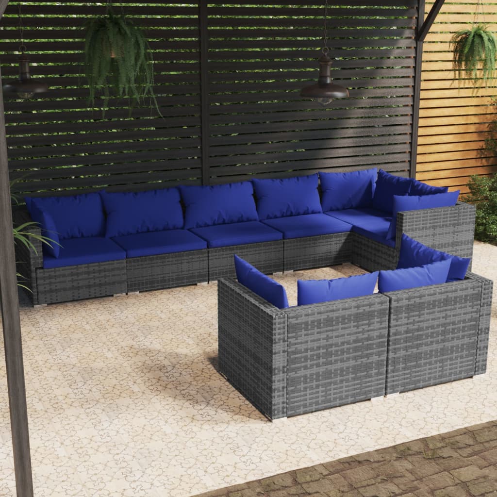 Set Divani da Giardino 8 pz con Cuscini in Polyrattan Grigio - homemem39